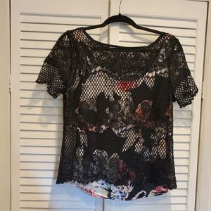 Unique lace overlay silk top